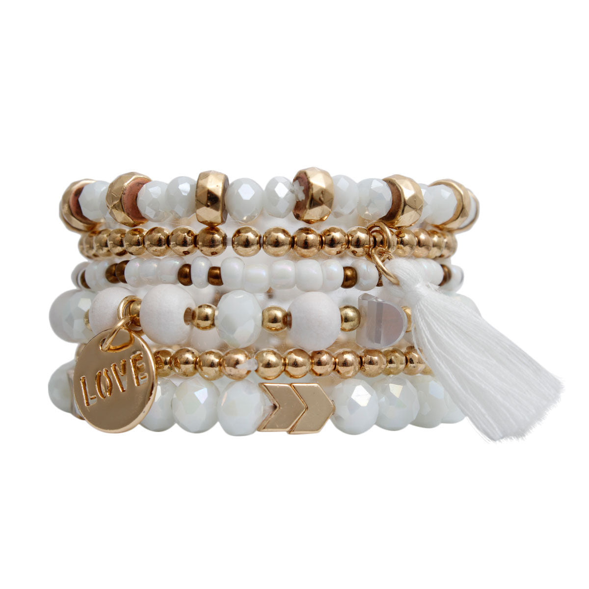 Bracelet Set 6 Pcs White Glass Stylish Layered Jewelry