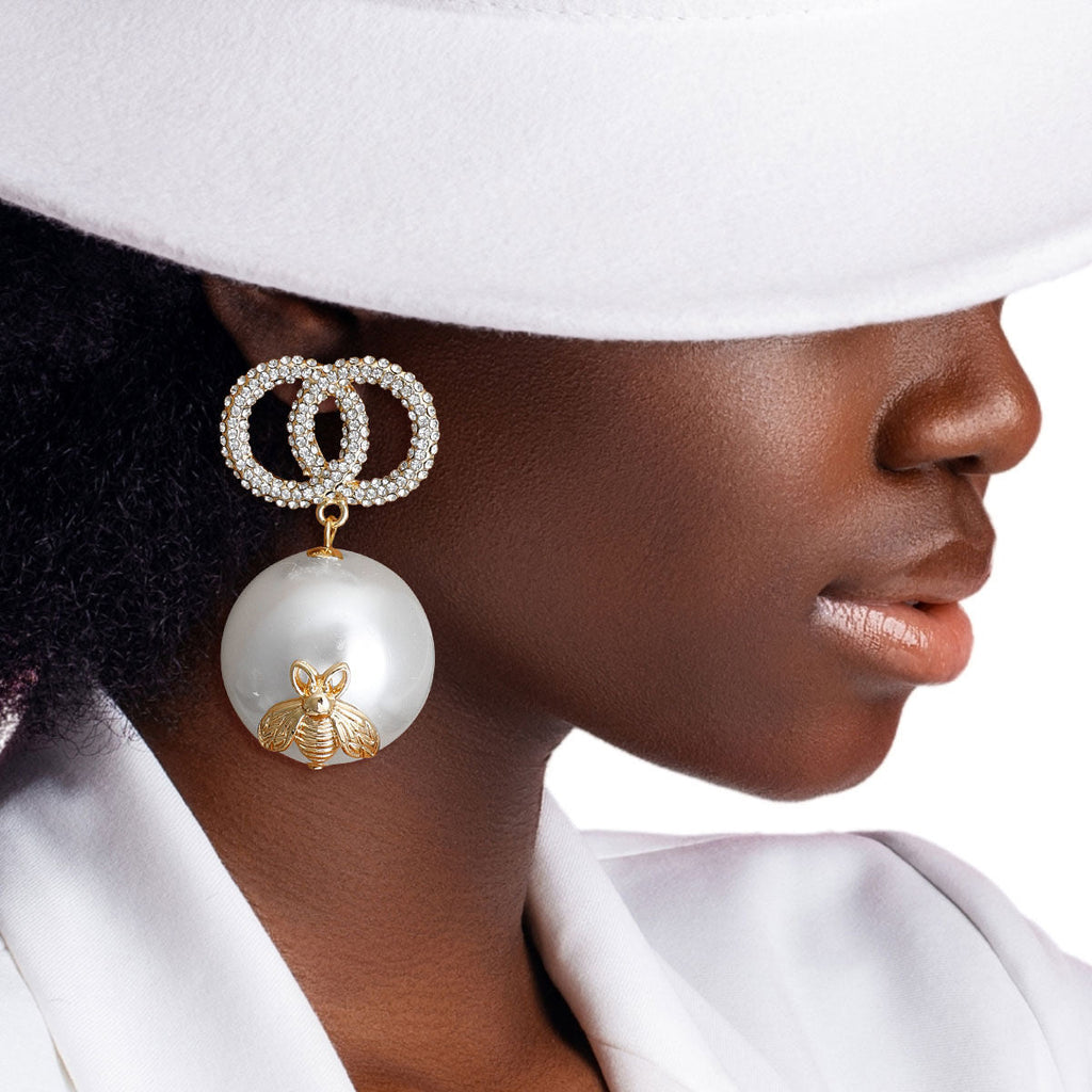 Jumbo Pearl Drop Earrings Bee Design Elegant Statement Jewelry