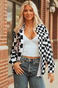Black Checkerboard Flap Pocket Button Front Shacket