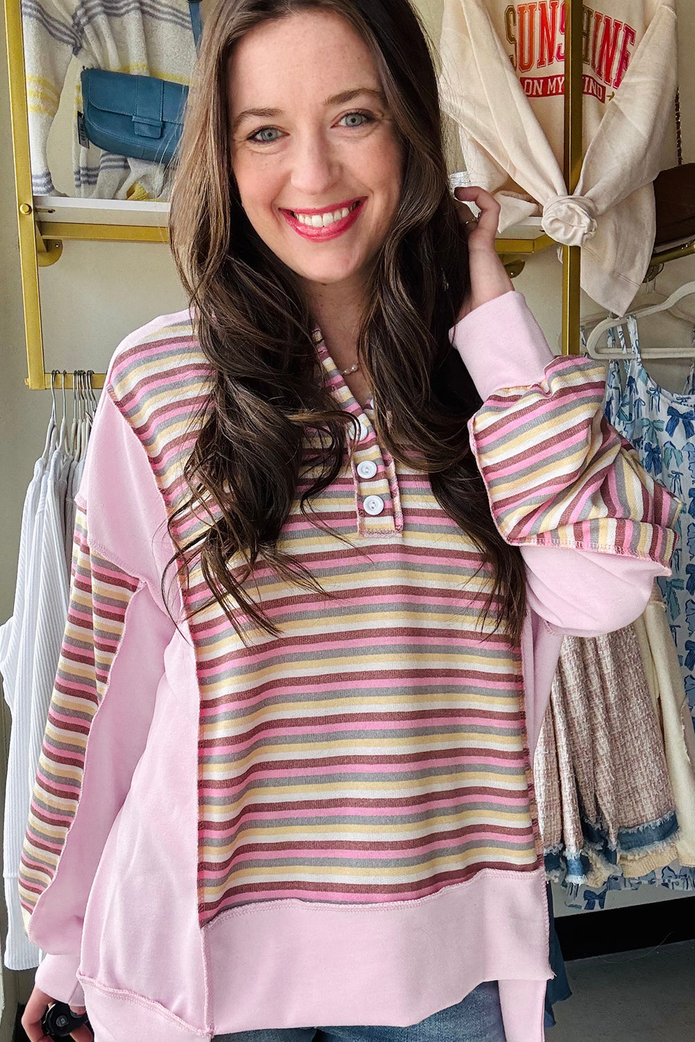Pink Exposed Seam Color Block Striped Patchwork Loose Henley Sweatshirt