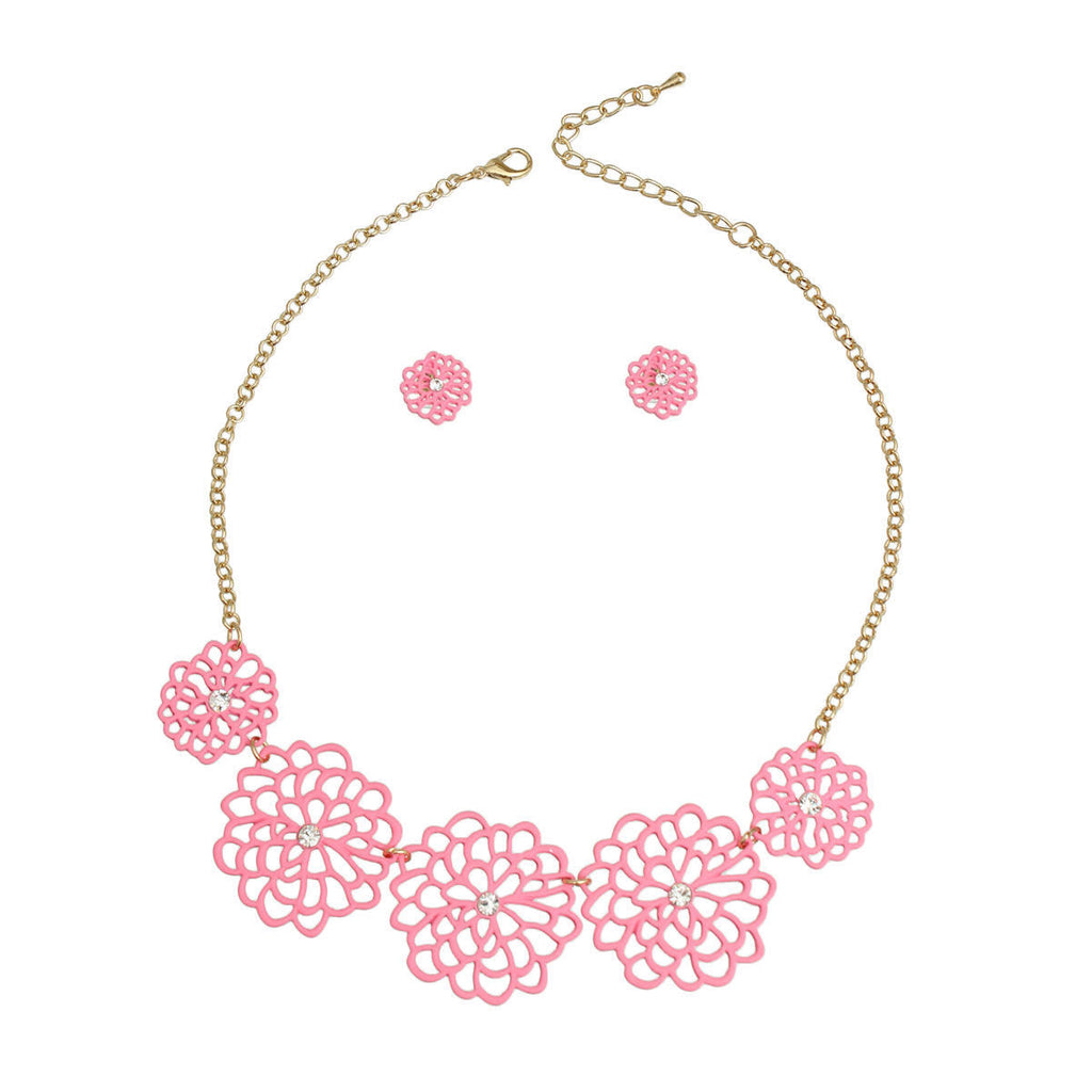 Statement Necklace Pink Matte Metal Cut Out Flower Stylish Chic Jewelry