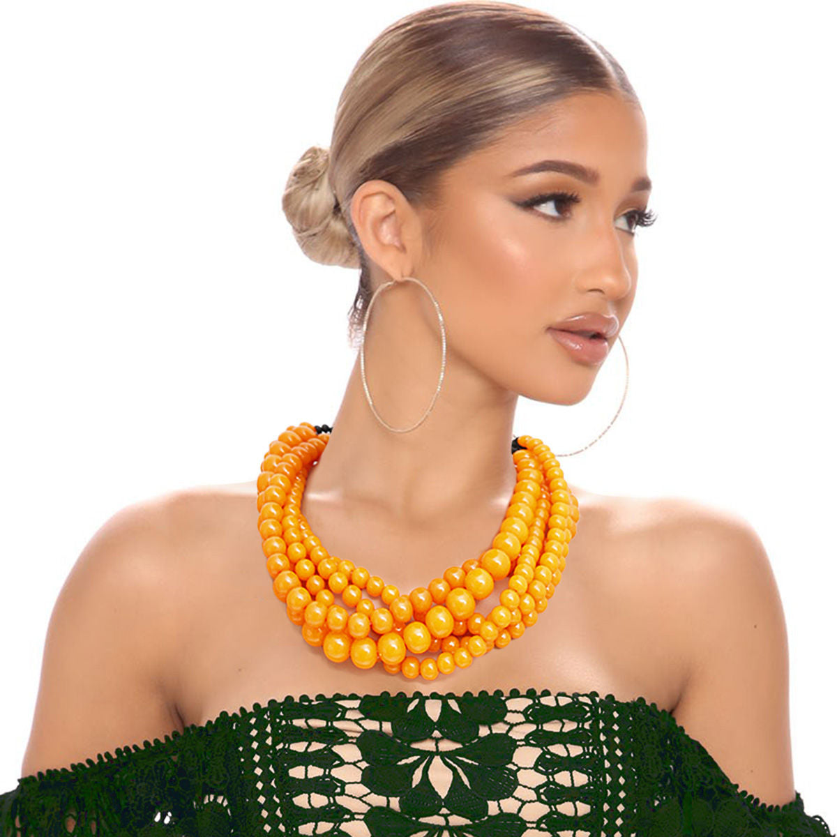 Statement Necklace with Orange Beads and Buffalo Horn Hook, Trendy Fashion Jewelry