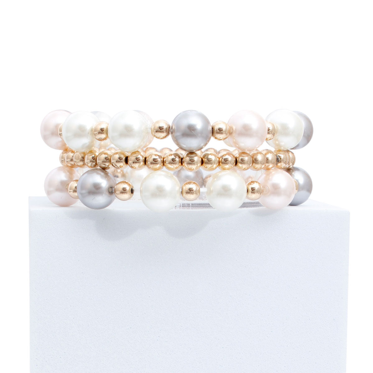 Gold 3 Strand Mixed Pearl Bracelet – Stylish Layered Jewelry Accessory