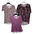 Lot of 3 Lularoe Womens XXS Short Sleeve Purple Floral Books Long Tunic Shirts