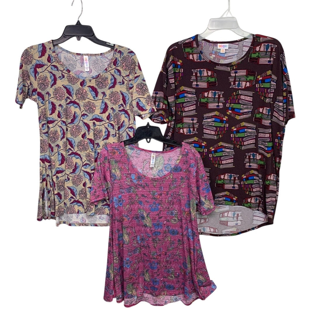 Lot of 3 Lularoe Womens XXS Short Sleeve Purple Floral Books Long Tunic Shirts