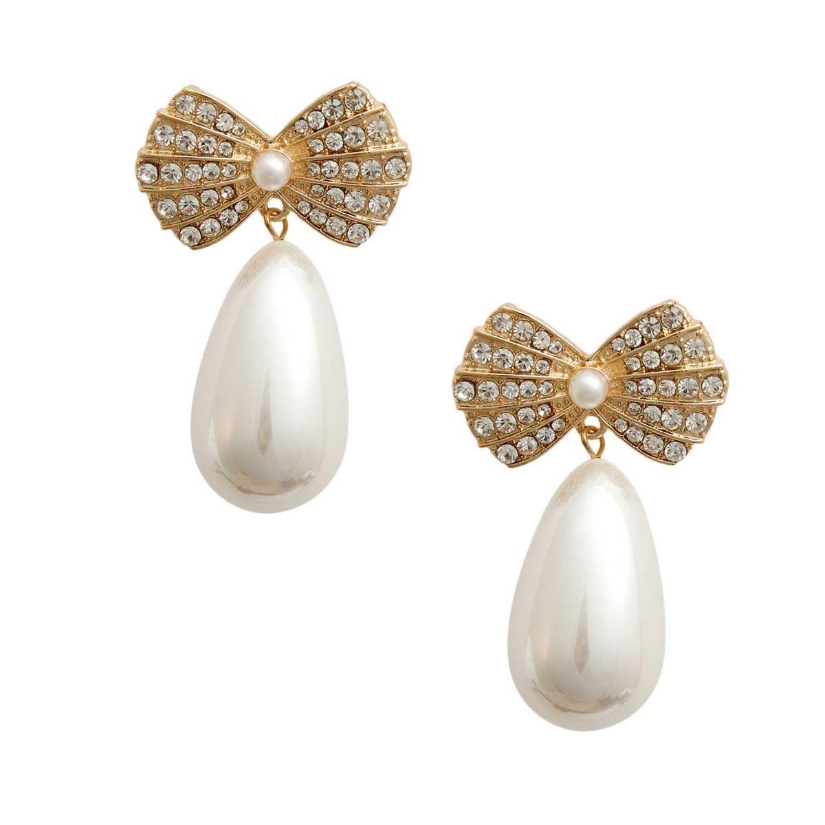 Teardrop Pearl Earrings with Gold Bow – Stylish Elegant Jewelry