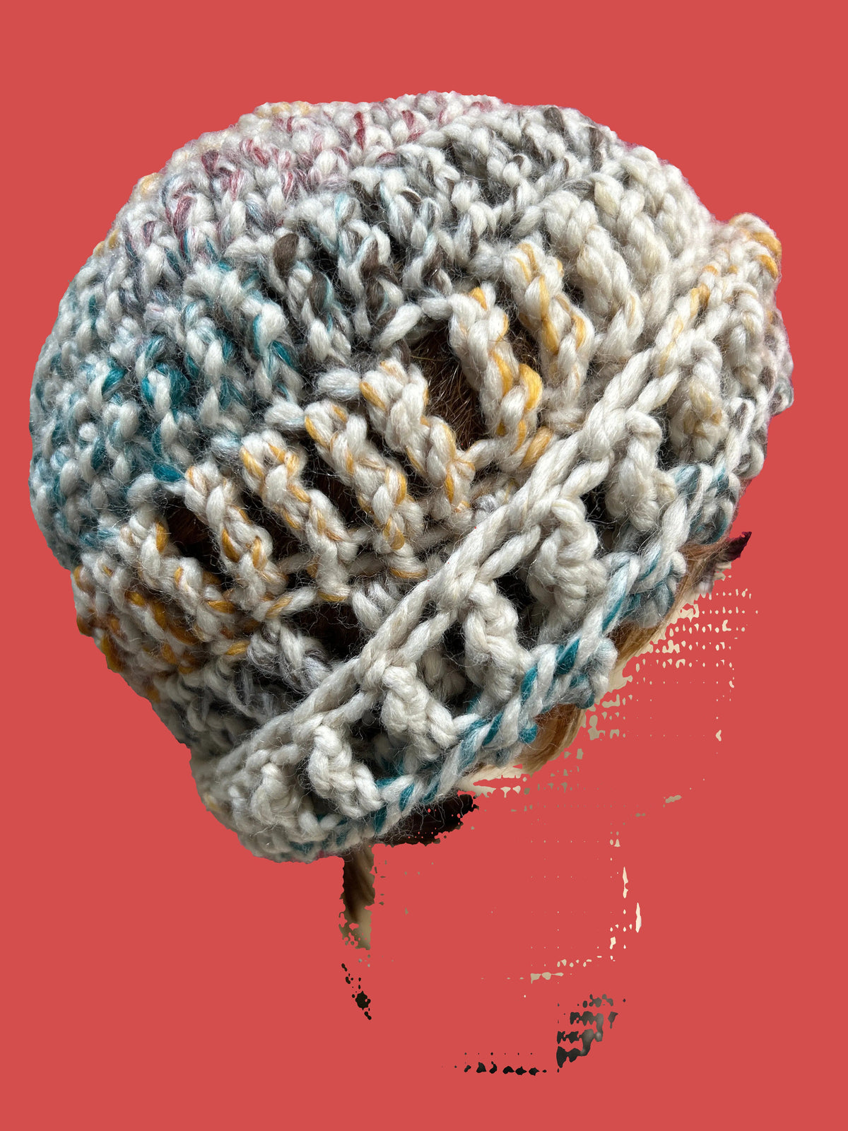 Handmade crocheted beanie in shades of grey, orange & beige