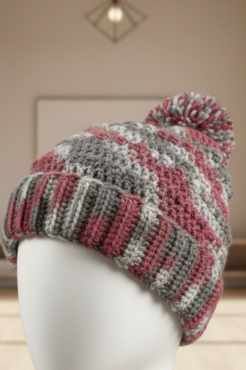 Handcrafted crocheted beanie in maroon & greys