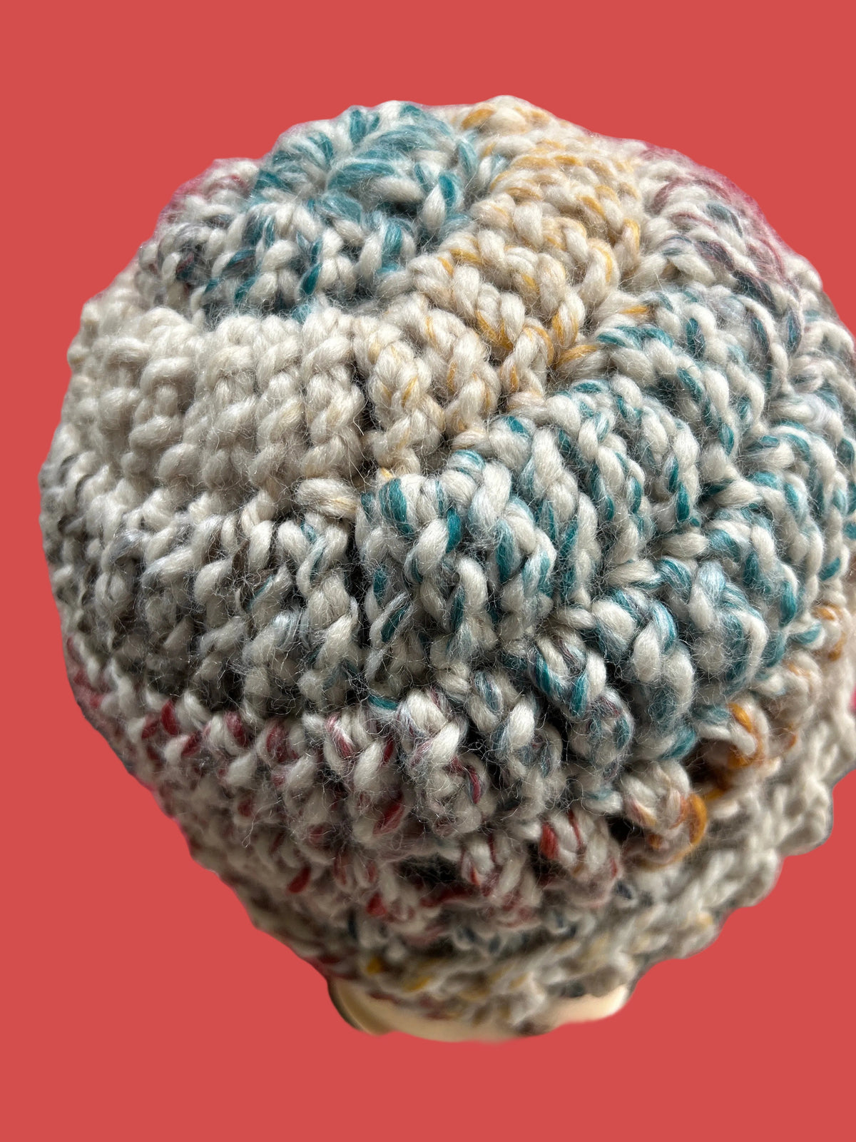 Handmade crocheted beanie in shades of grey, orange & beige
