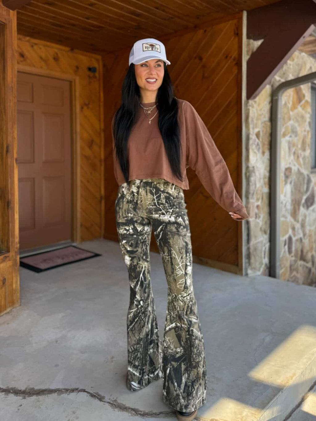 Fiona High Waisted Bell Bottom Flare Jeans - Moss Brown Camo