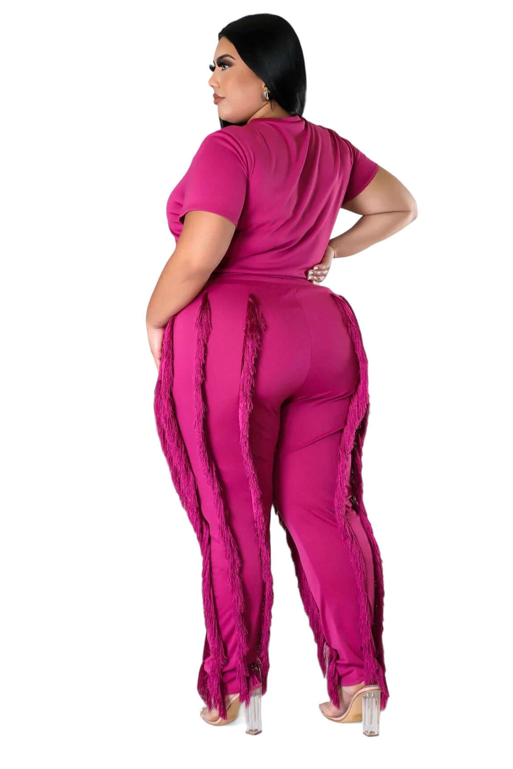 Curvy Short Sleeve Top Matching Tassel Pants