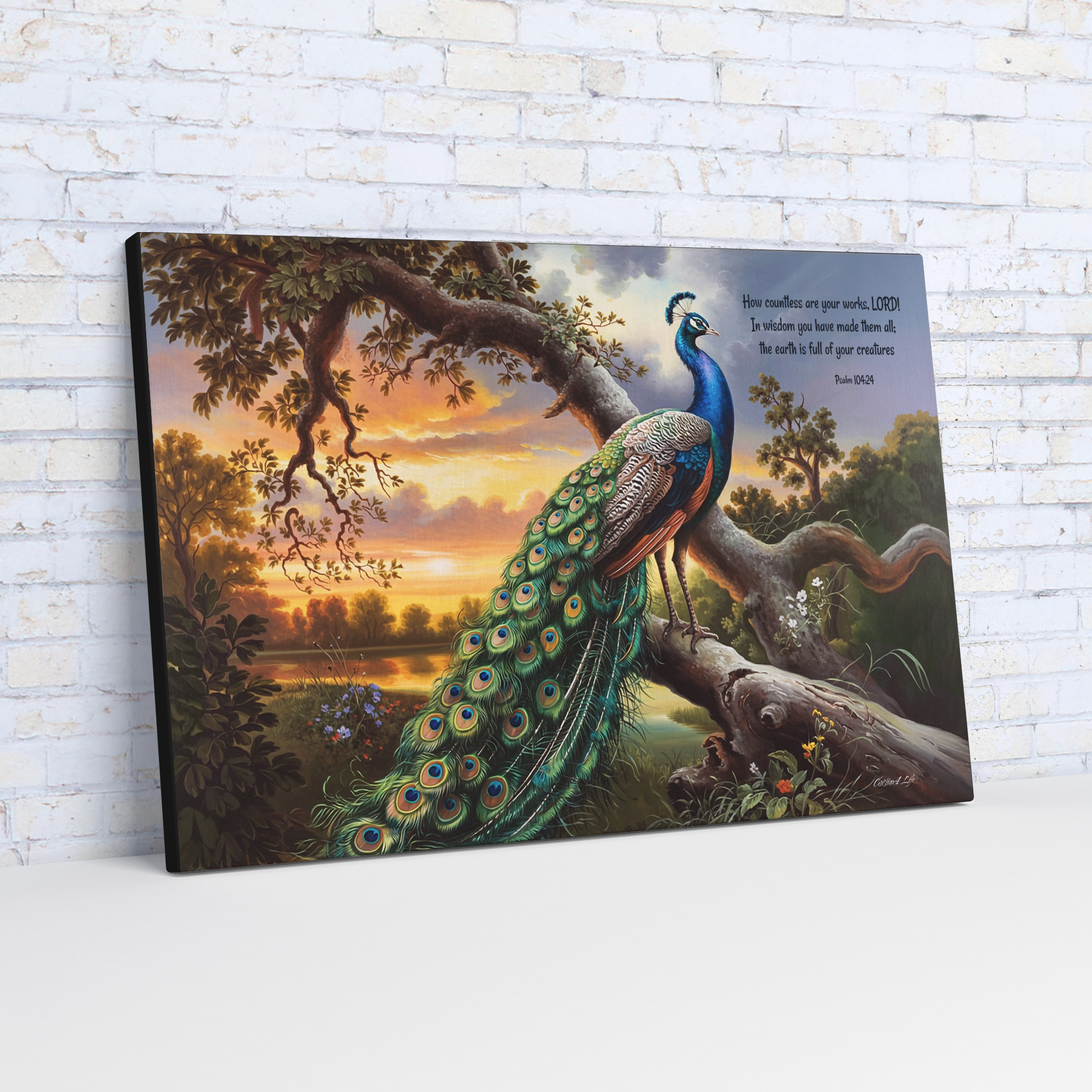 Beautiful Peacock canvas art print - with Psalm 104:24 quote - classic and elegant Peacock art