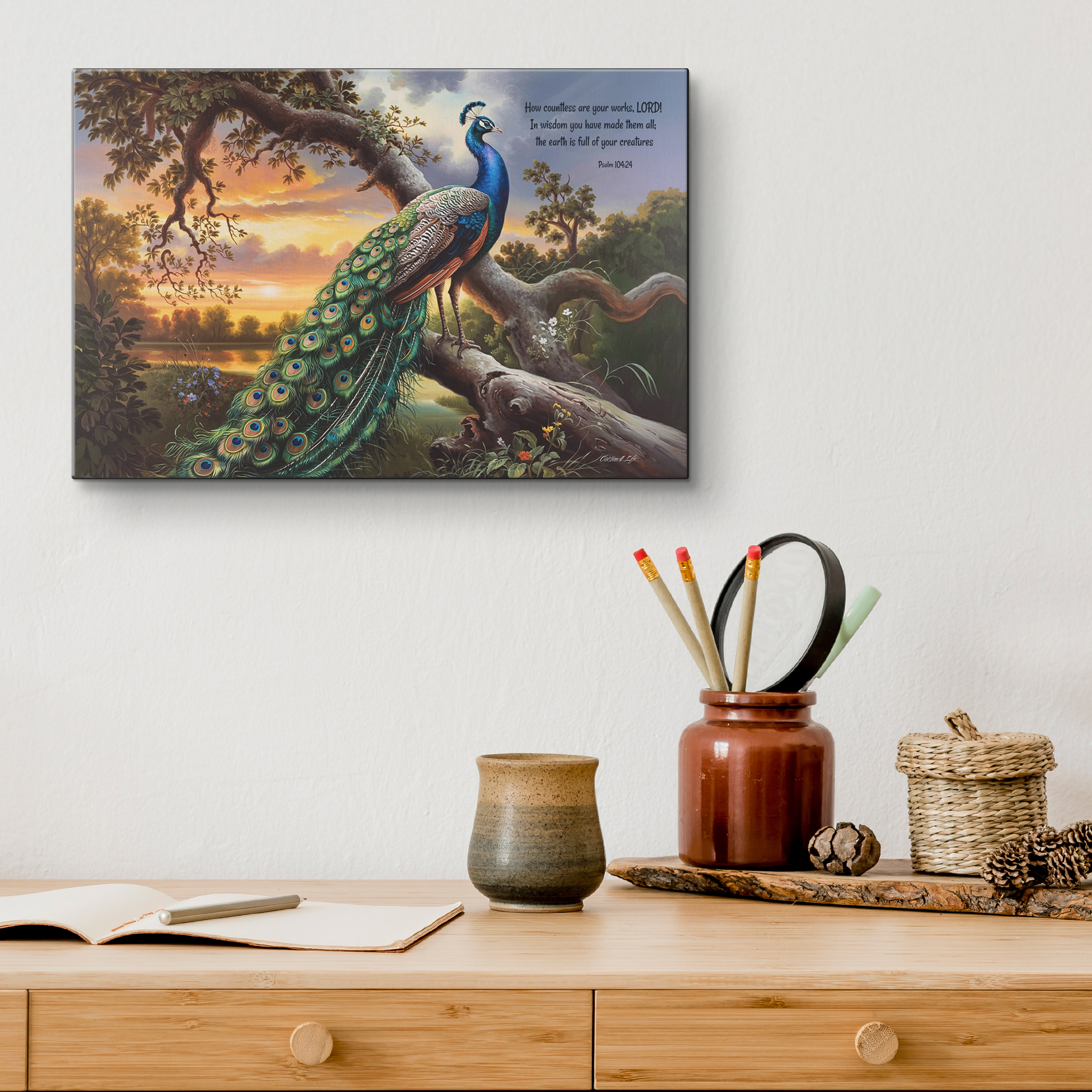 Beautiful Peacock canvas art print - with Psalm 104:24 quote - classic and elegant Peacock art