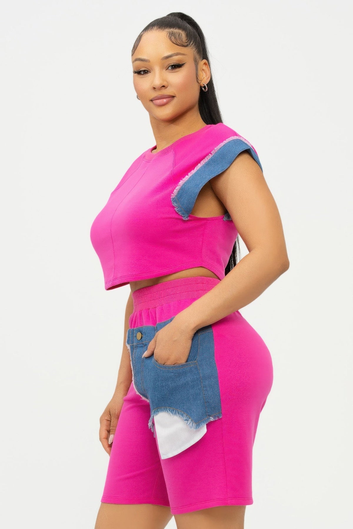 Color Block Denim Sleeve Top And Biker Shorts Set