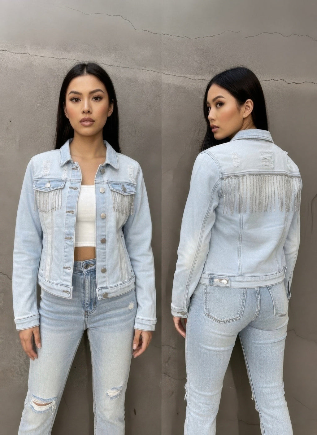 Distressed Jean Jacket With Rhinestones