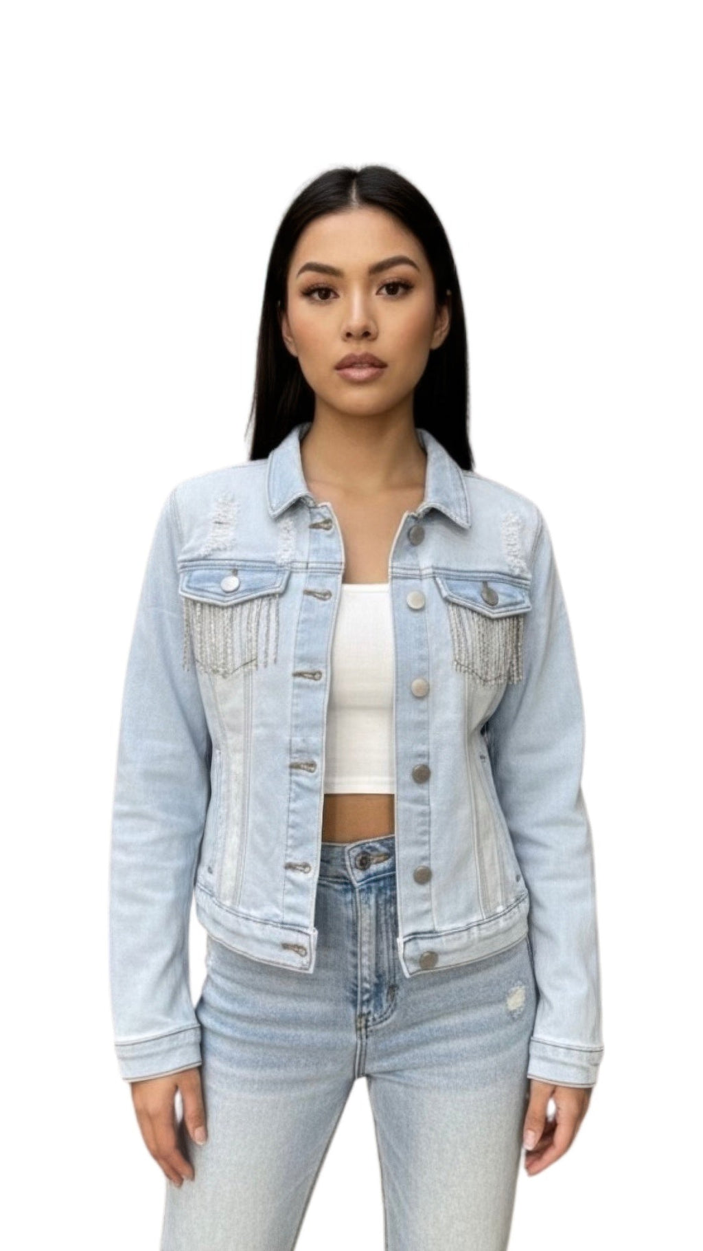 Distressed Jean Jacket With Rhinestones