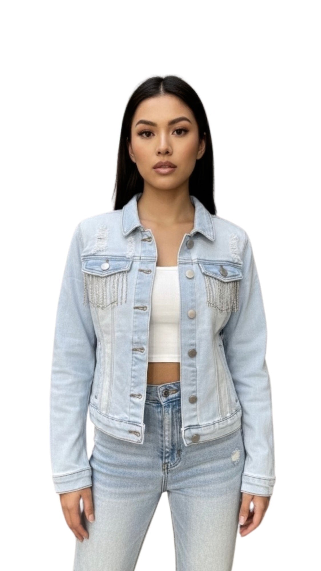 Distressed Jean Jacket With Rhinestones