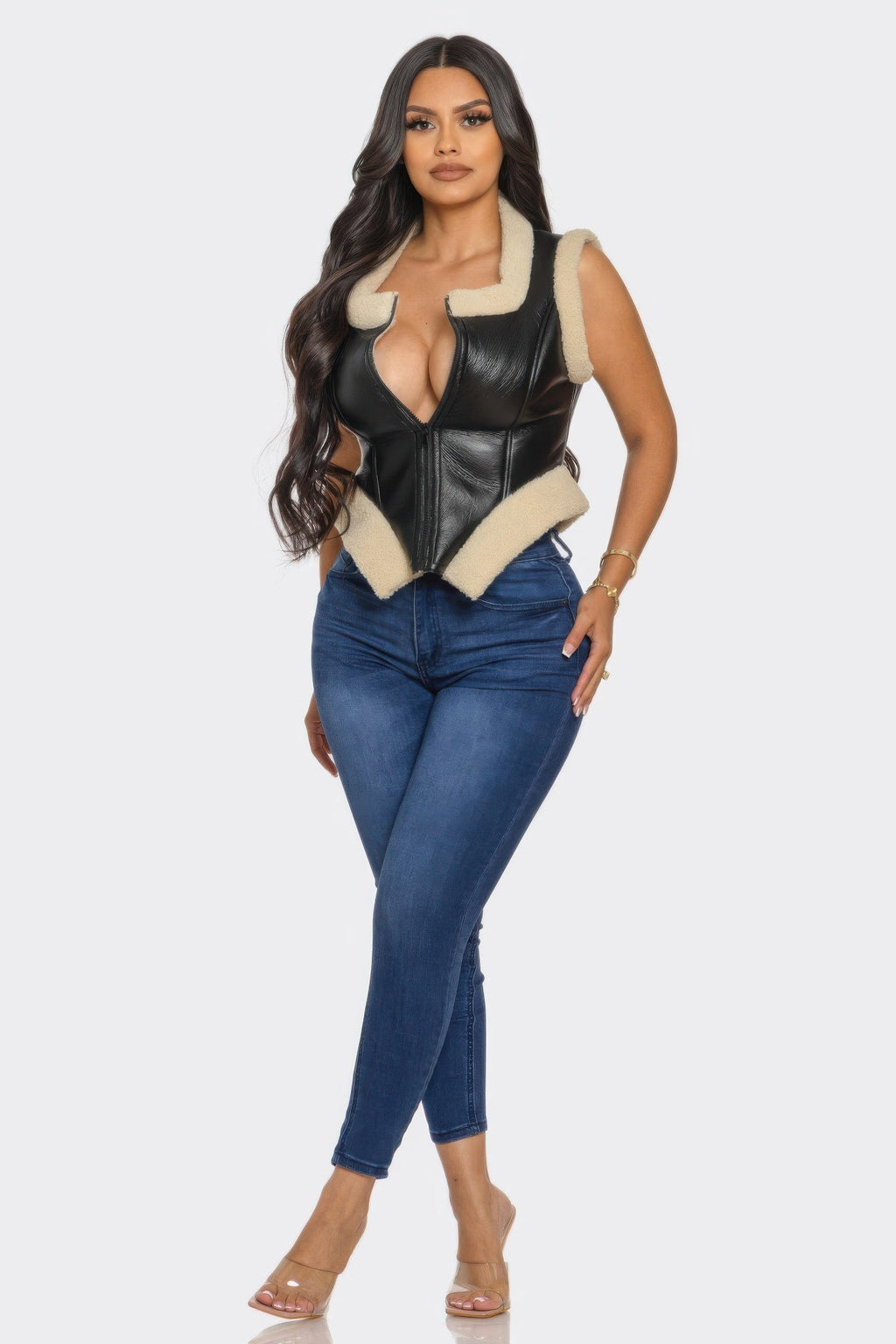 V Trimmed Leather Vest