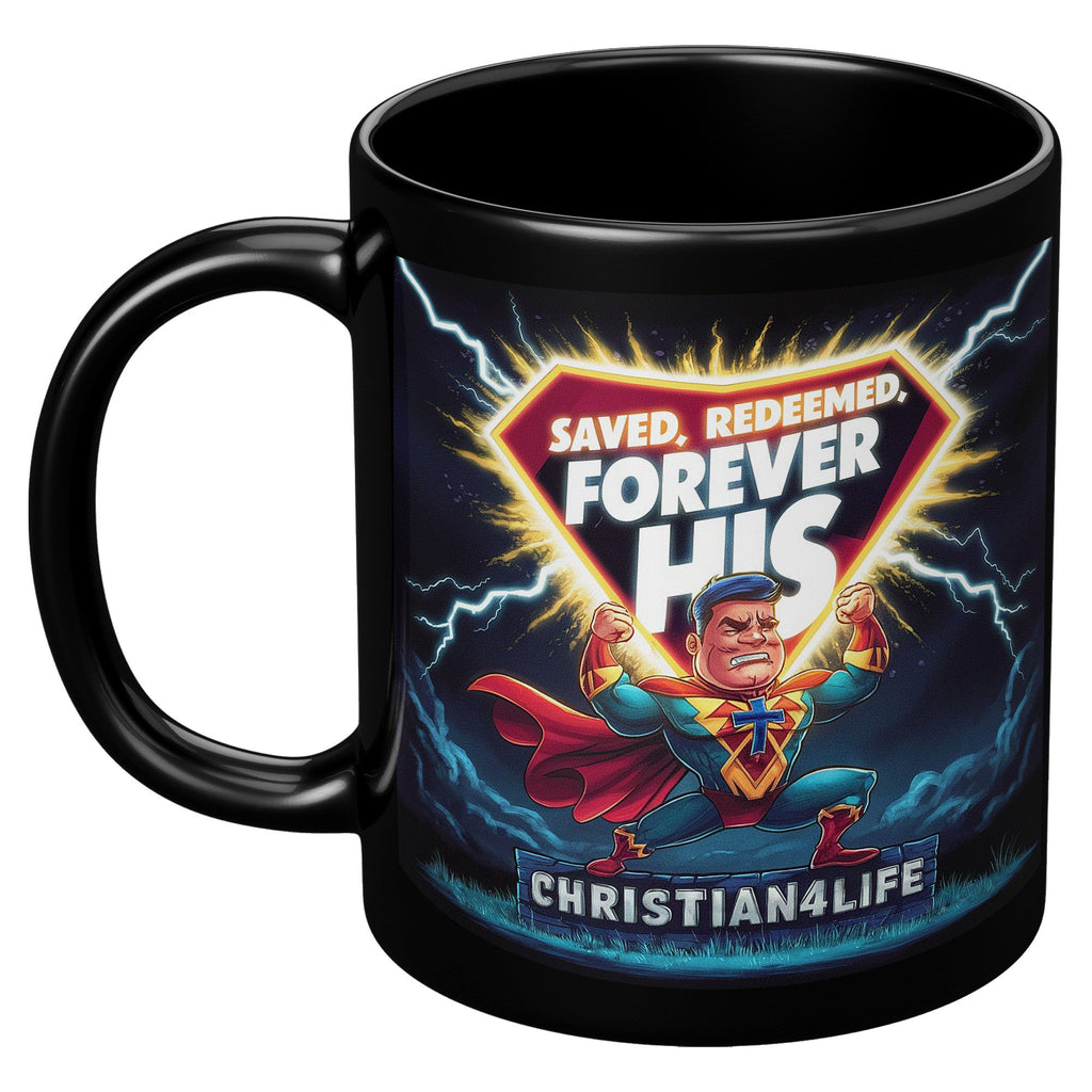 Christian 11oz Black Mug - Superhero "Saved, Forgiven, Forever His", Christian Mug for Men