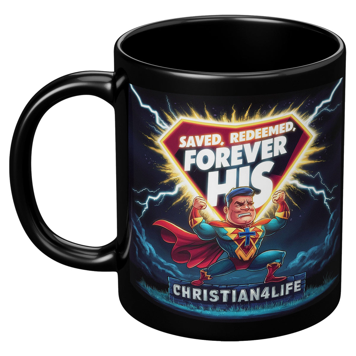 Christian 11oz Black Mug - Superhero "Saved, Forgiven, Forever His", Christian Mug for Men