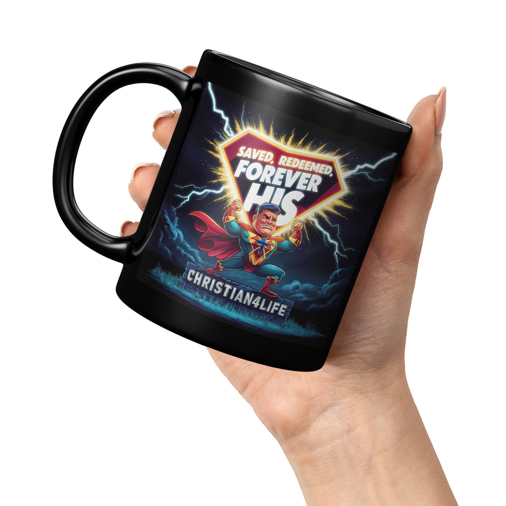 Christian 11oz Black Mug - Superhero "Saved, Forgiven, Forever His", Christian Mug for Men