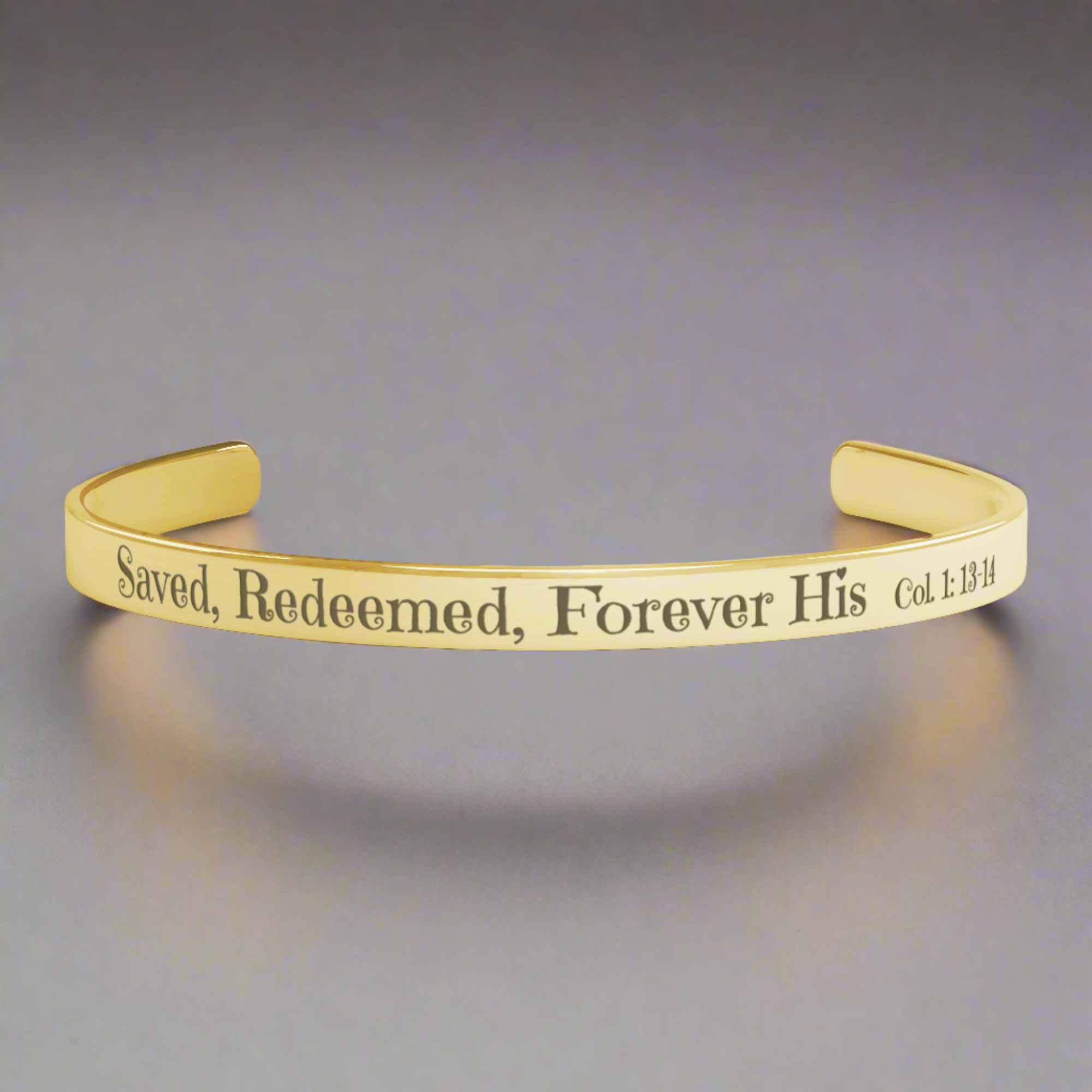Christian cuff bracelet - "Saved, Redeemed, Forever His", Stainless Steel, Gold plated