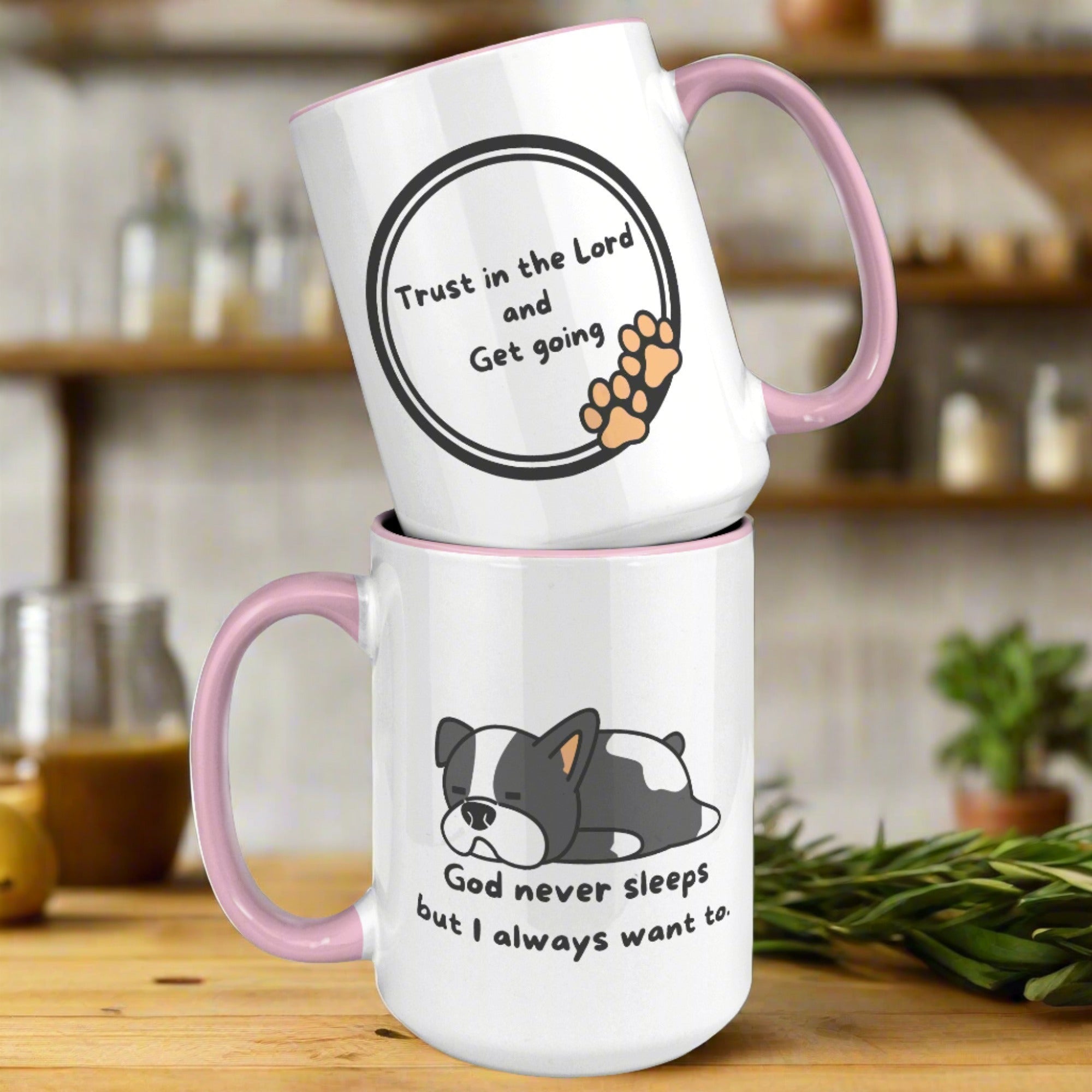 "God never sleeps but I always want to" 15oz Sleeping Puppy Christian Mug - inside color schemes