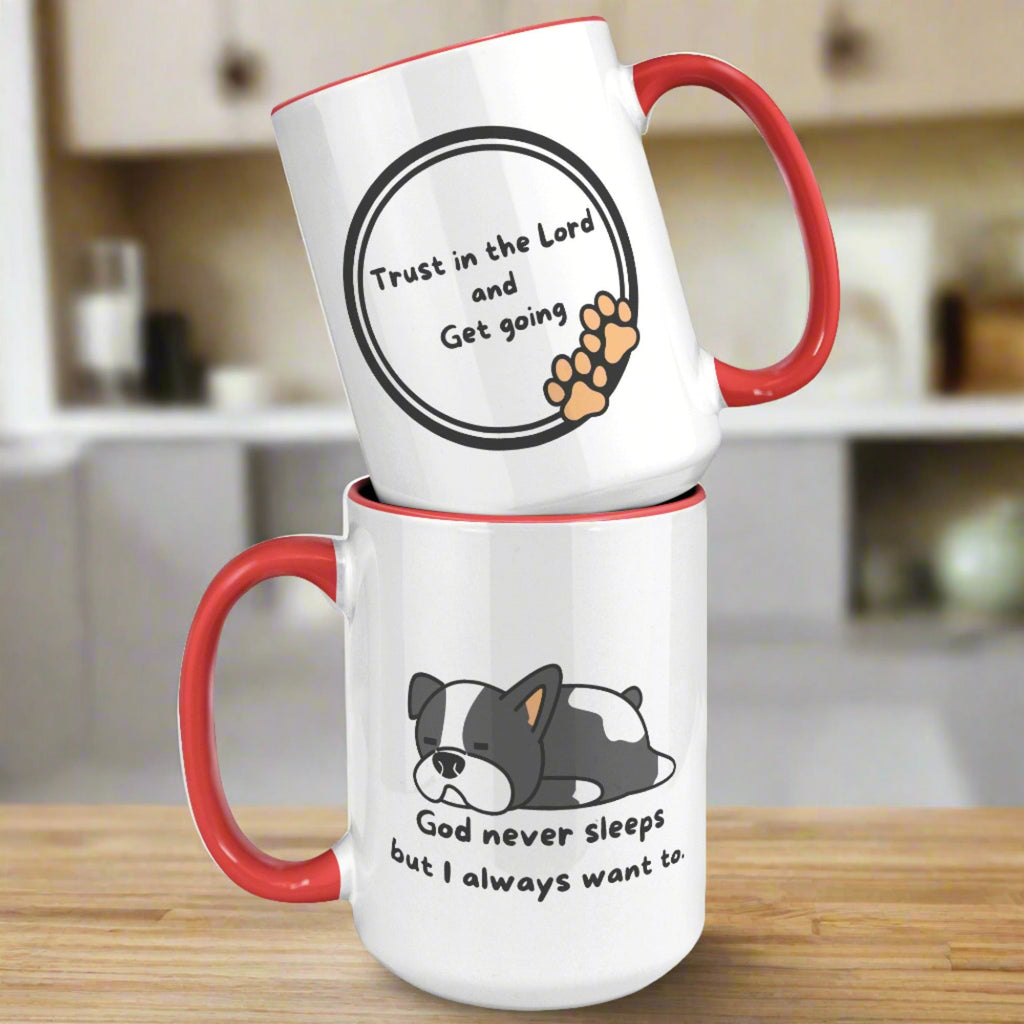 "God never sleeps but I always want to" 15oz Sleeping Puppy Christian Mug - inside color schemes