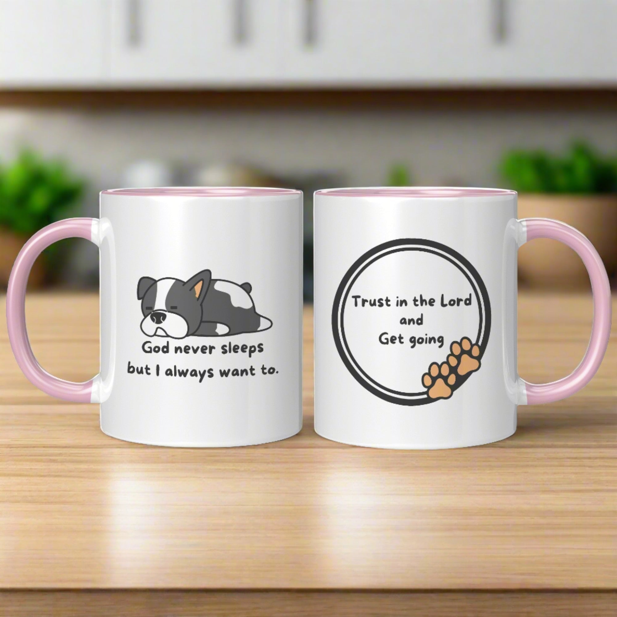 11oz "God never sleeps but I always want to" Christian White Mug, Sleeping puppy and inside color schemes