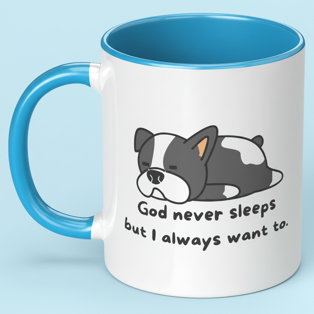 11oz "God never sleeps but I always want to" Christian White Mug, Sleeping puppy and inside color schemes