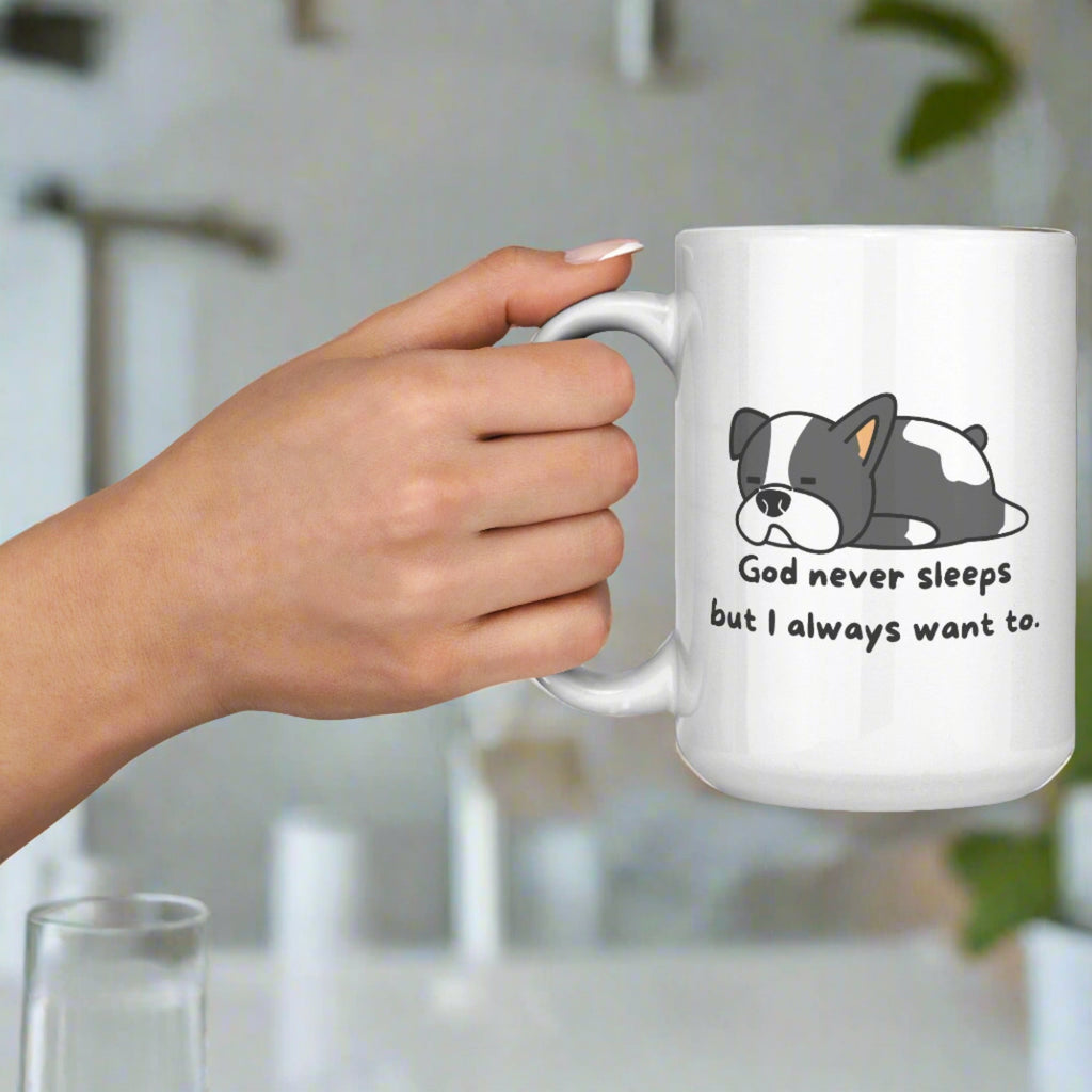 "God never sleeps but I always want to" 15oz Sleeping Puppy Christian Mug - inside color schemes