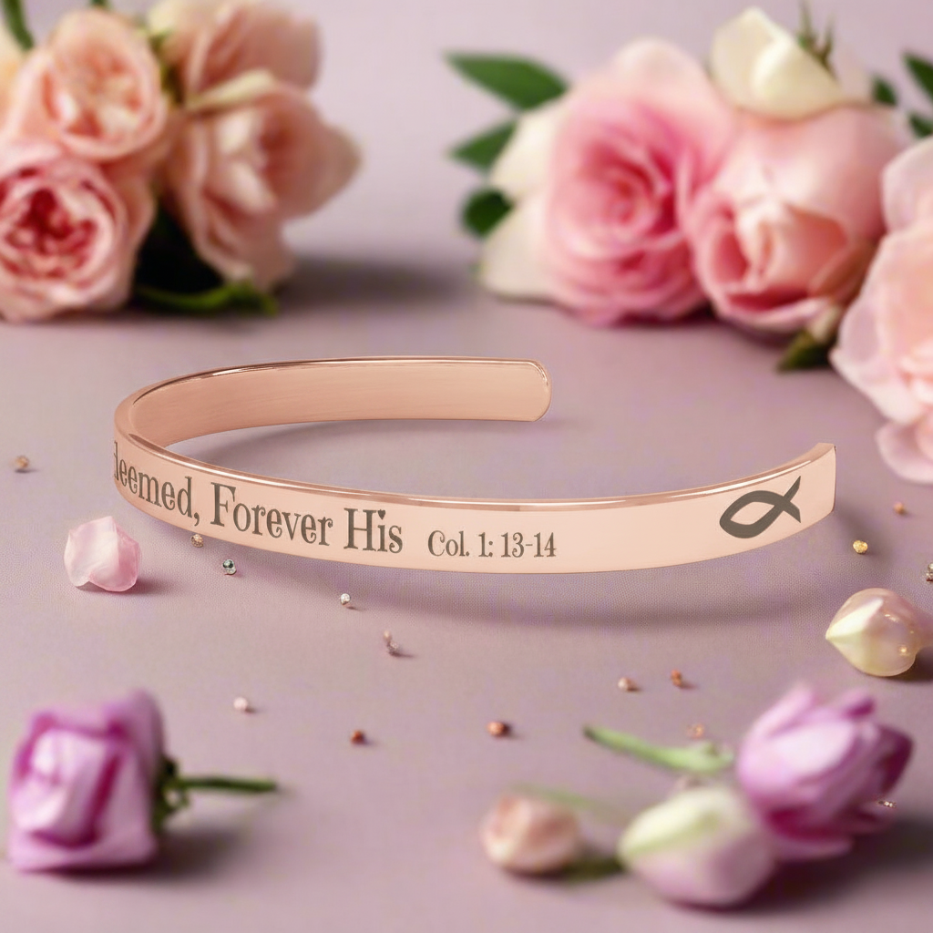 Christian cuff bracelet - "Saved, Redeemed, Forever His", Stainless Steel, Gold plated