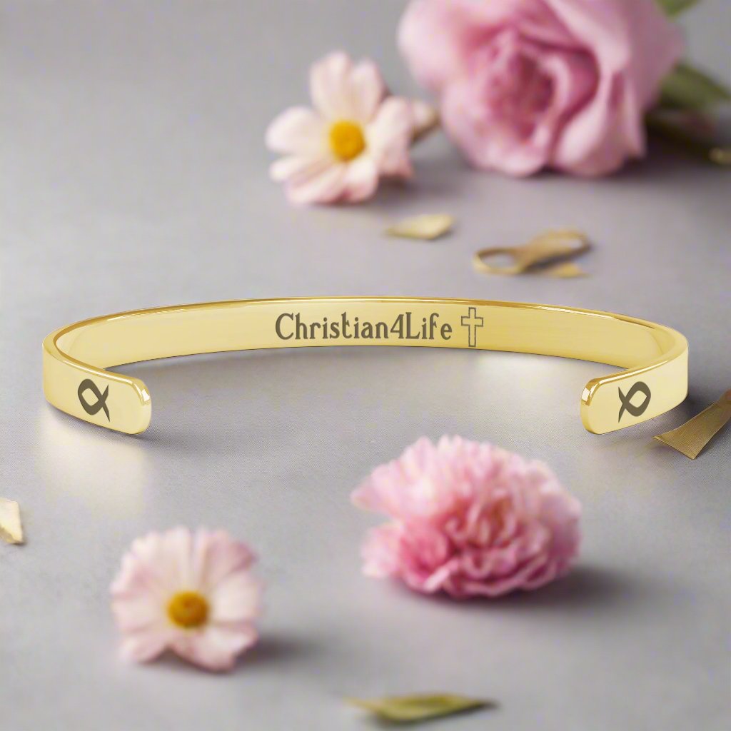 Christian cuff bracelet - "Saved, Redeemed, Forever His", Stainless Steel, Gold plated