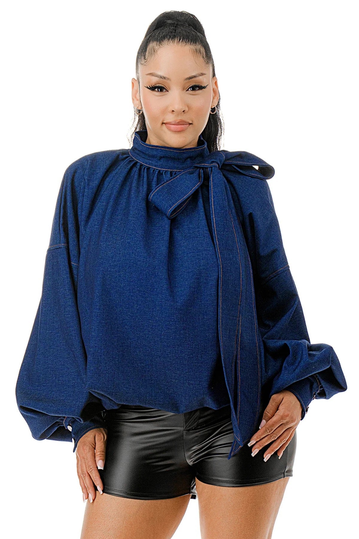 Mock Neck with Tie Puff Long Sleeve Bubble Hem Denim Blouse Top {fits oversized}