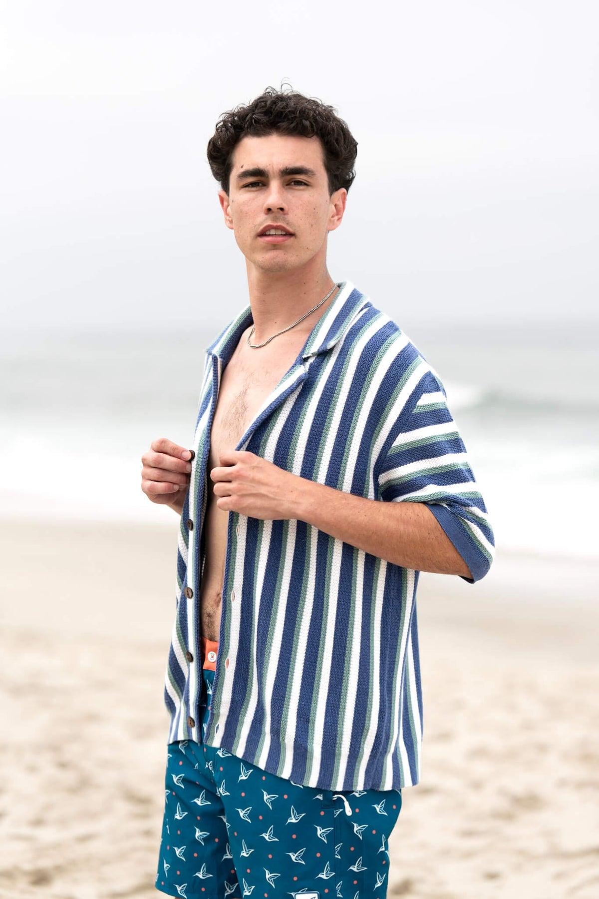 Hand-Woven Button-Up Shirt | Organic Cashmere Cotton Blend | Midnight Blue, Sage & Cream