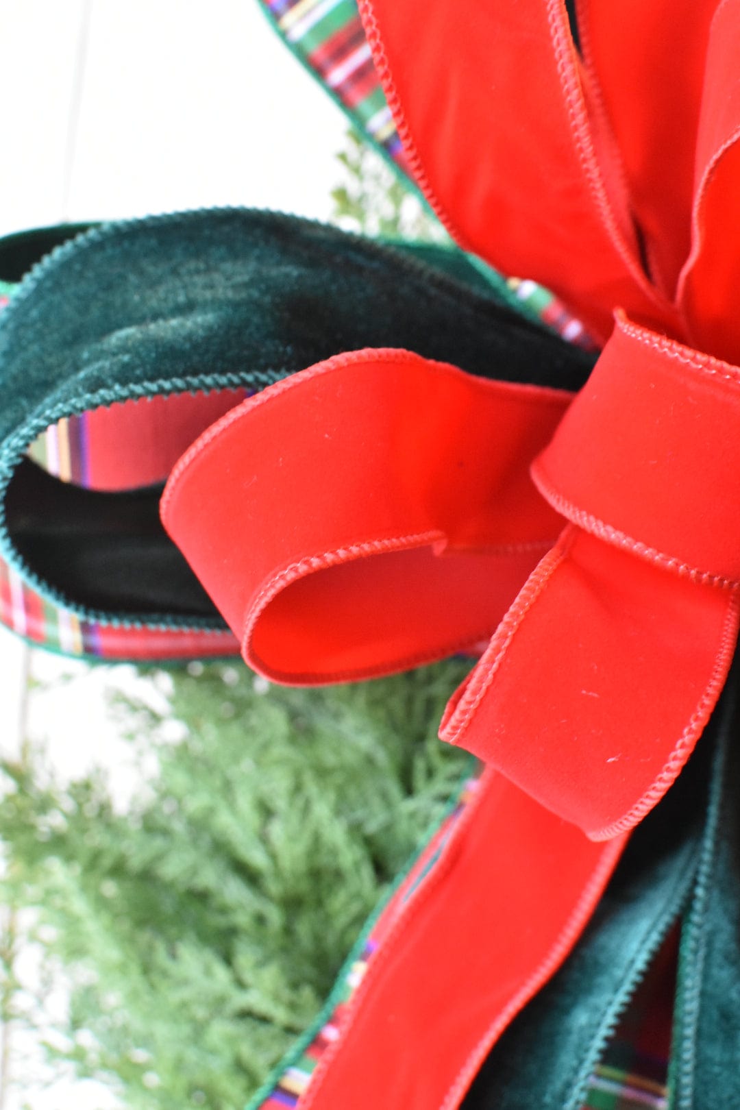 Red Tartan w/Dark Green Velvet Bow
