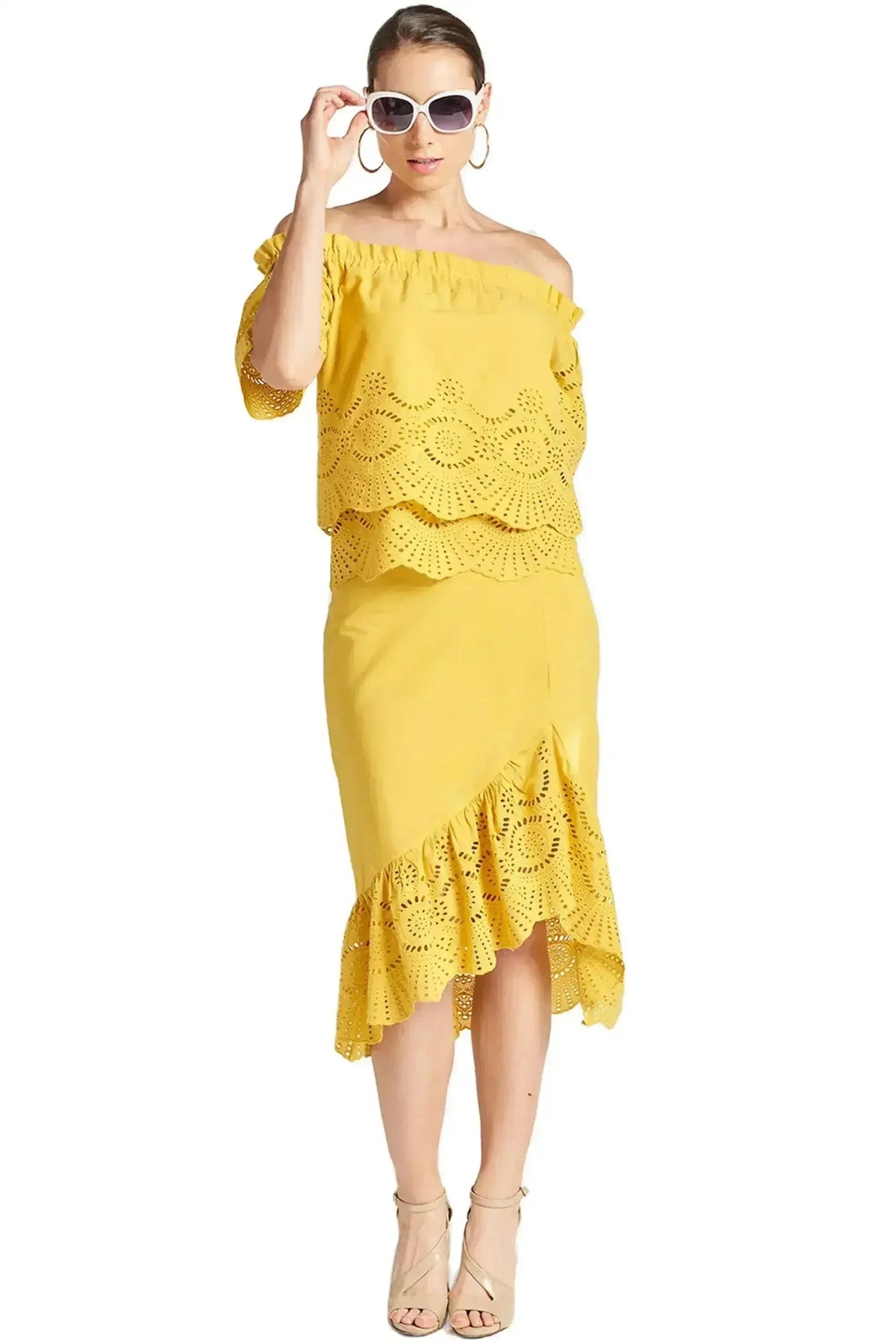 Marigold Daisy Top - Double layer off the shoulder cotton eyelet top