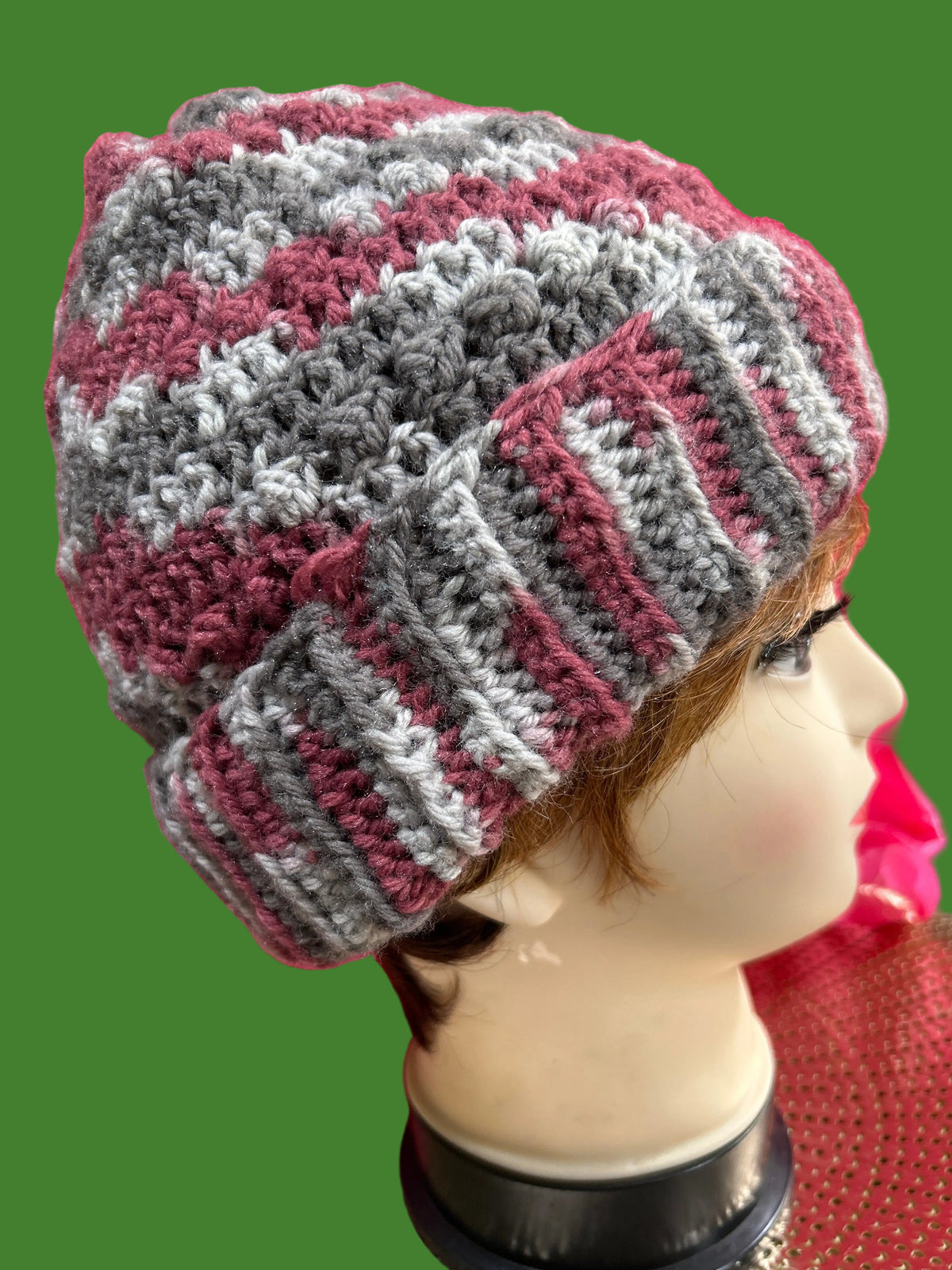 Handcrafted crocheted beanie in maroon & greys
