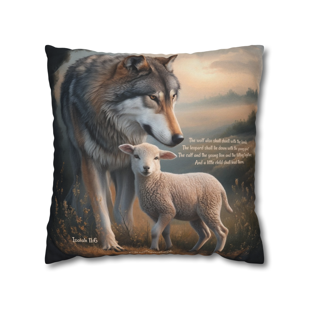 Wolf and Sheep Bible Verse Spun Polyester Square Pillowcase (multiple sizes)