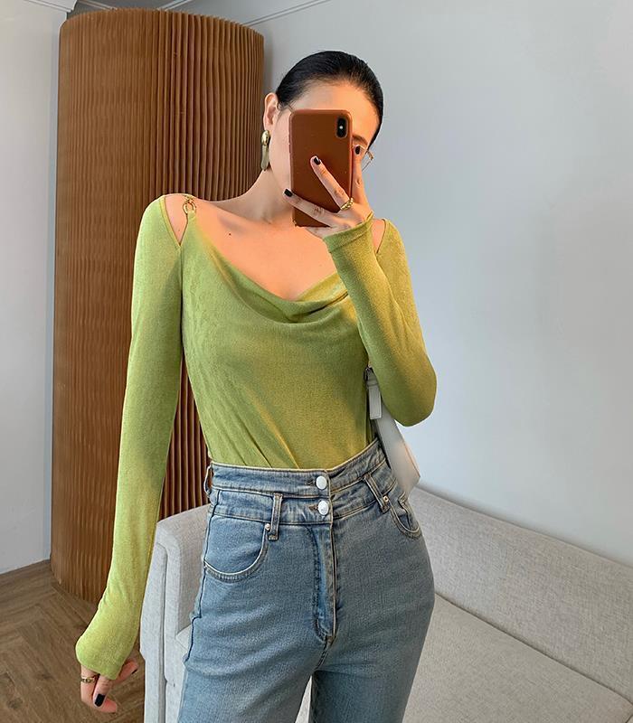 Sexy Swing Collar Cropped Tops Women Autumn  Metal Design Skinny Long Sleeve T-Shirt Outwear