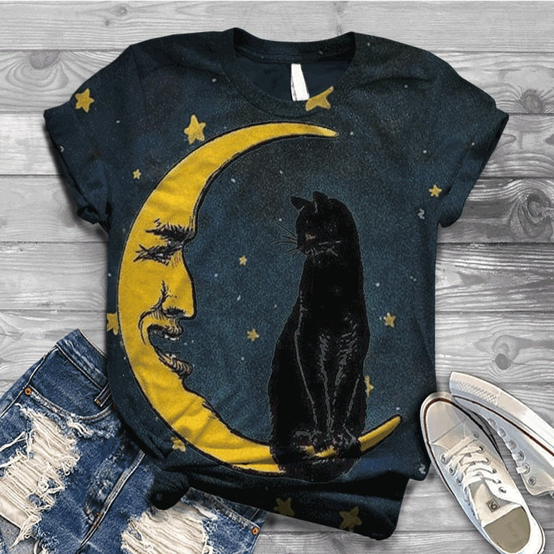Women Summer Short Sleeve Digital 3D Cat Printed O-Neck Tops T Shirt Femme T-Shirts