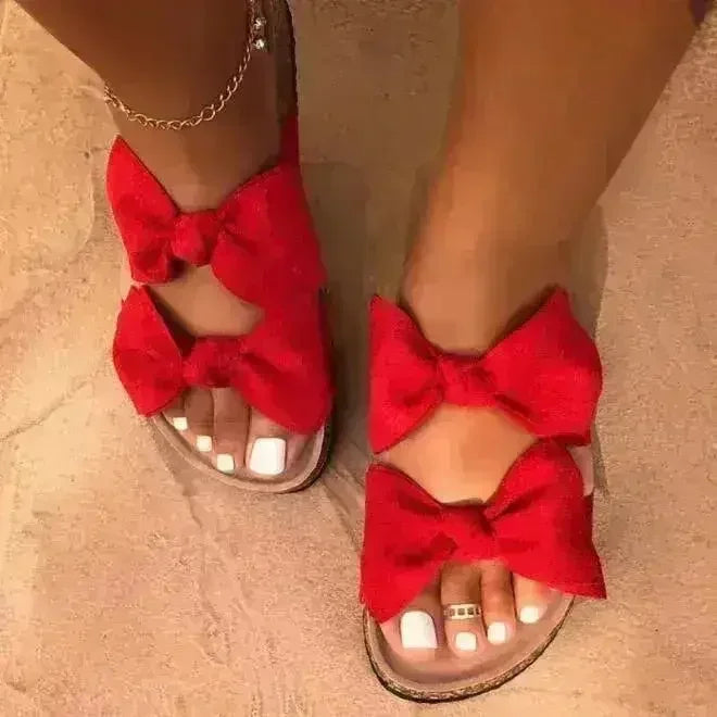 Women Slides 2 Straps Comfy Bow Slide Sandals Red