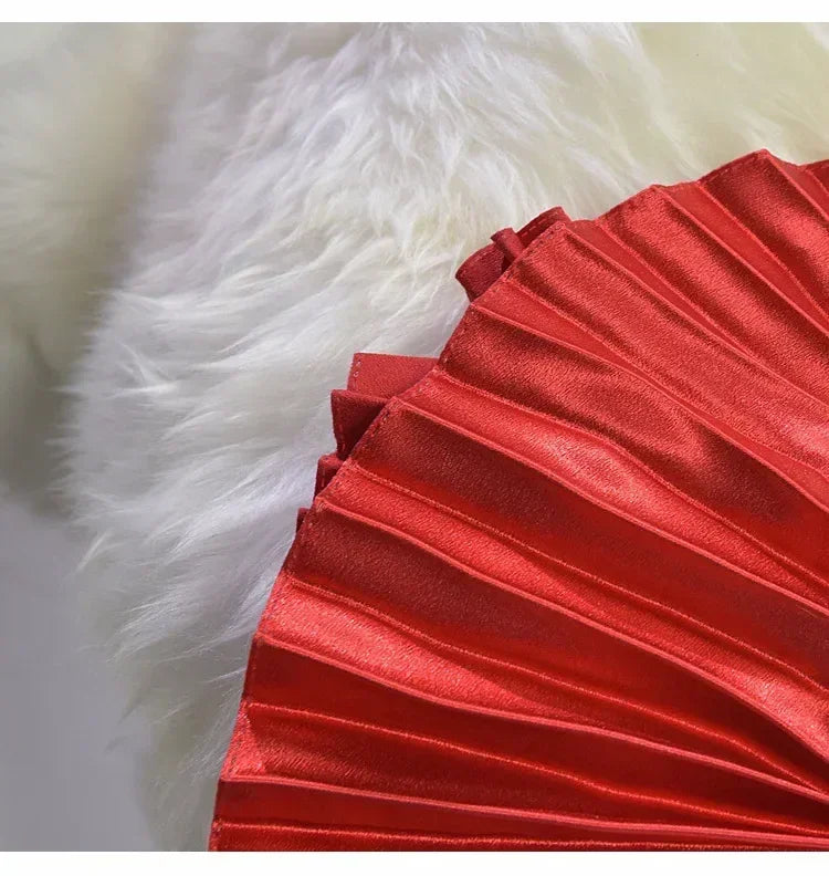 Classic Golden Velvet Pleated Skirt High Waist Retro Style Fashion Office Lady Pleated Long Skirt Winter Velvet Skirt 90cm Long