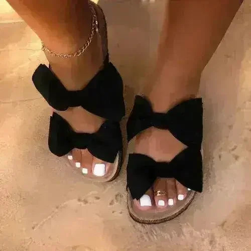 Women Slides 2 Straps Comfy Bow Slide Sandals Black
