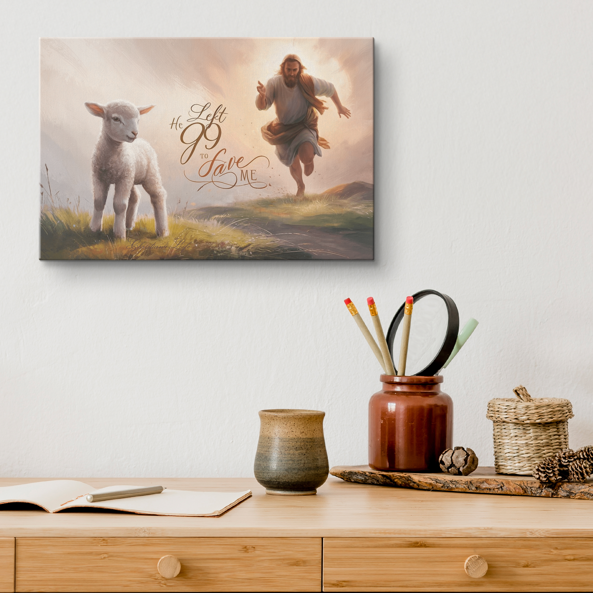 "He Left 99 to Save Me" Oil Style Gallery Wrapped Christian Wall Art Canvas (3:2)