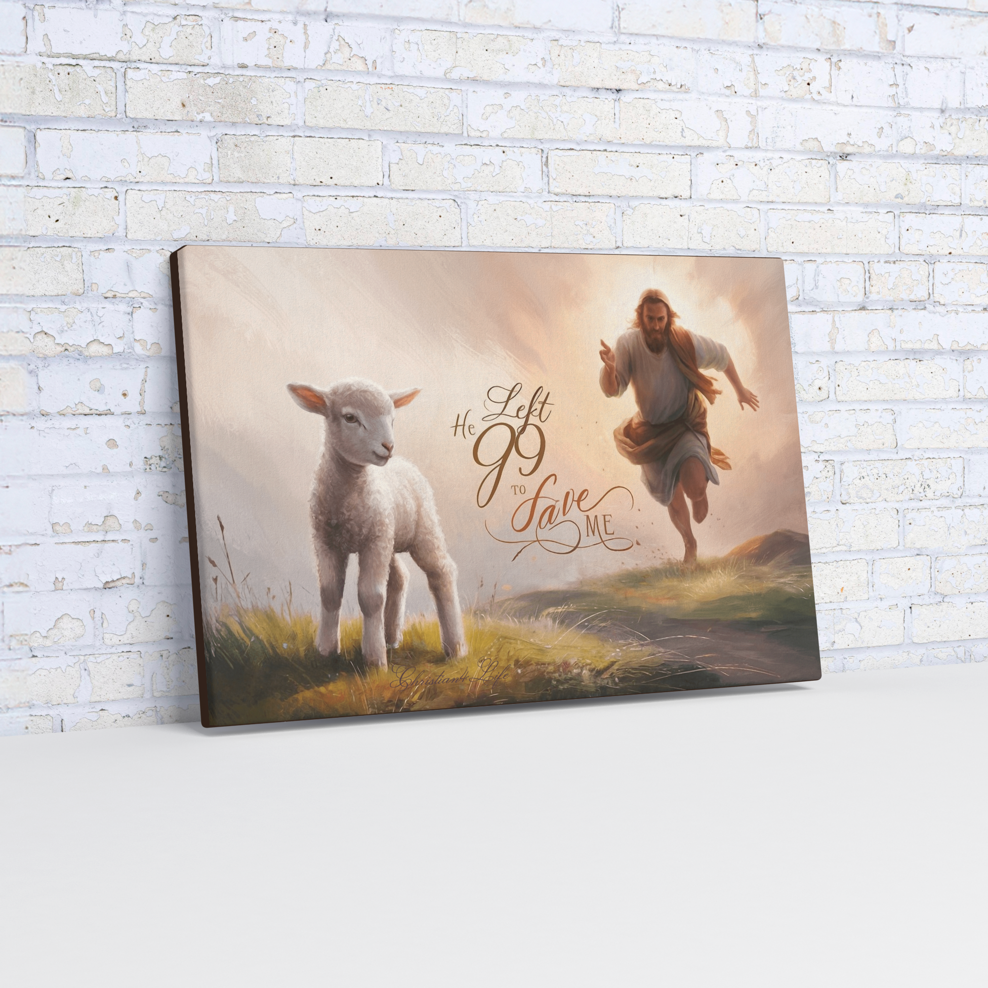"He Left 99 to Save Me" Oil Style Gallery Wrapped Christian Wall Art Canvas (3:2)