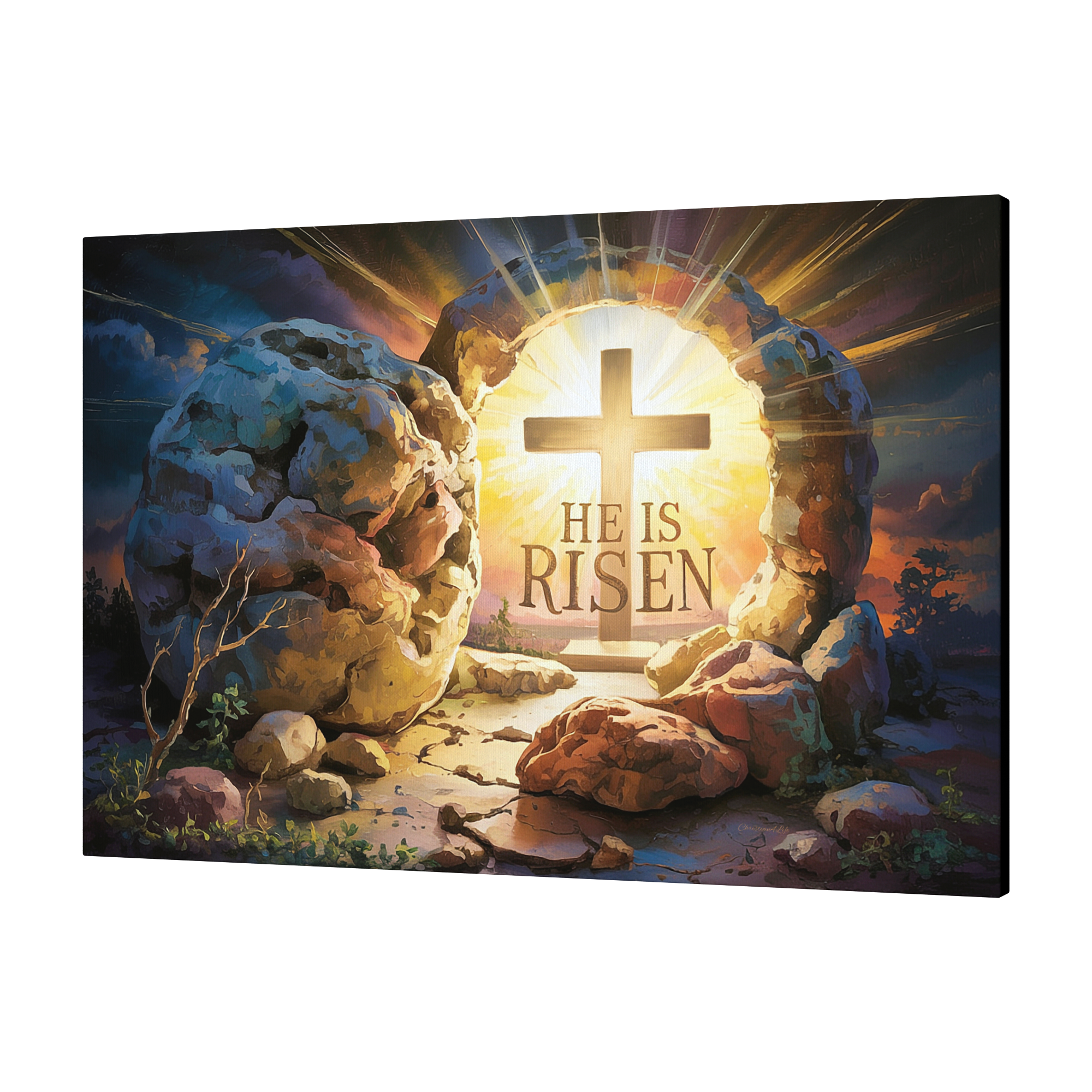 "He is Risen" - Open Tomb and Cross, Christian Gallery Wrapped Canvas, Easter Wall Art Print