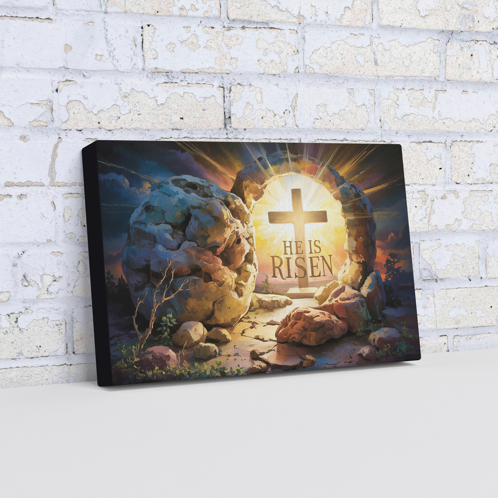 "He is Risen" - Open Tomb and Cross, Christian Gallery Wrapped Canvas, Easter Wall Art Print
