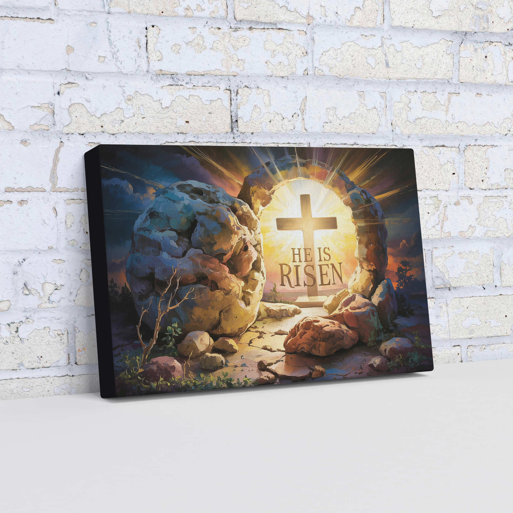 "He is Risen" - Open Tomb and Cross, Christian Gallery Wrapped Canvas, Easter Wall Art Print