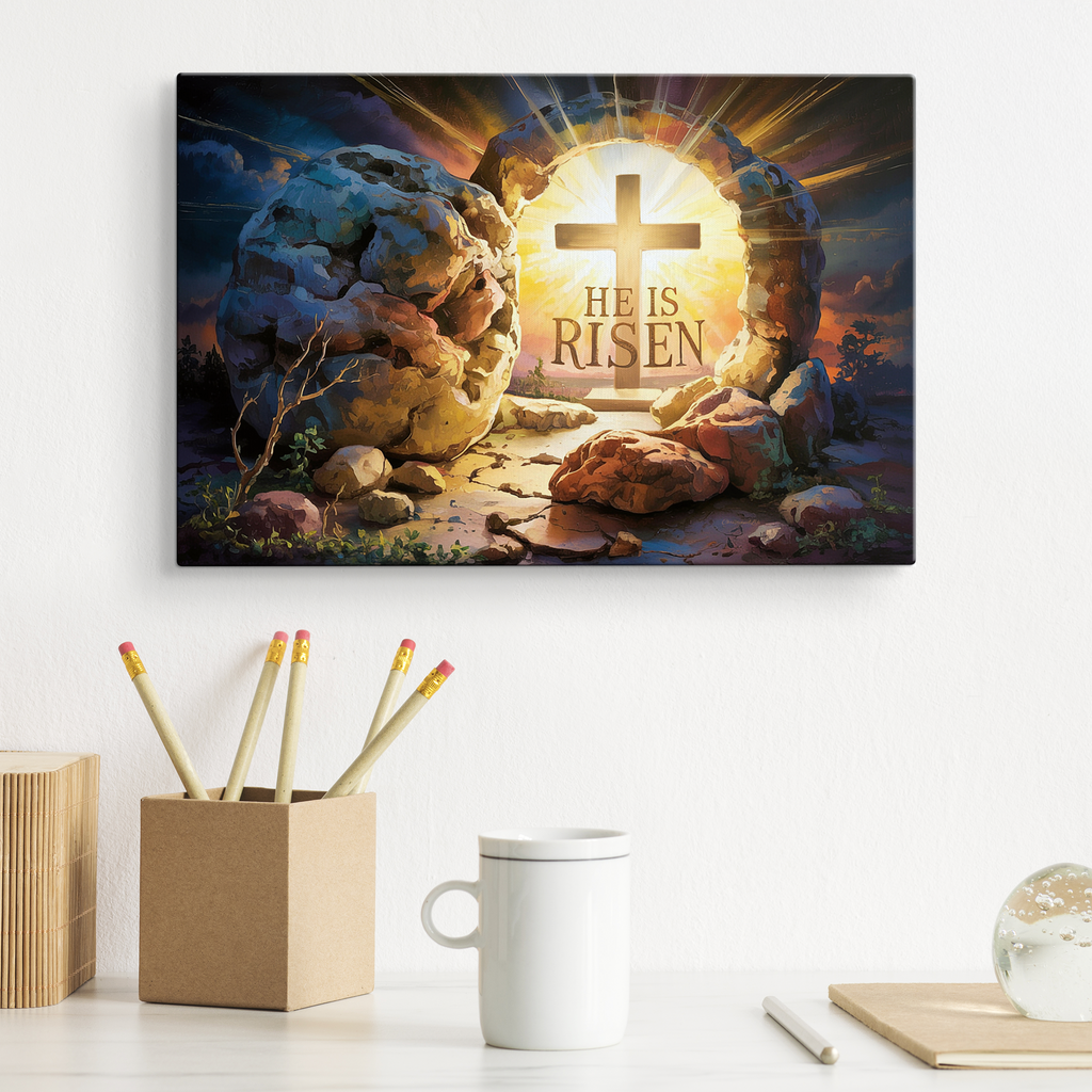 "He is Risen" - Open Tomb and Cross, Christian Gallery Wrapped Canvas, Easter Wall Art Print